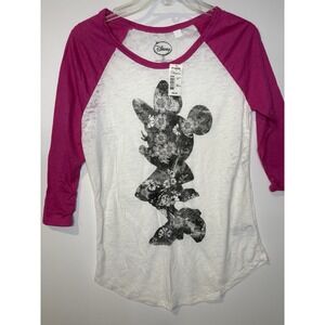 Disney M Minnie Mouse Pink Raglan Burnout Tee Shirt T-Shirt Floral Fade Print